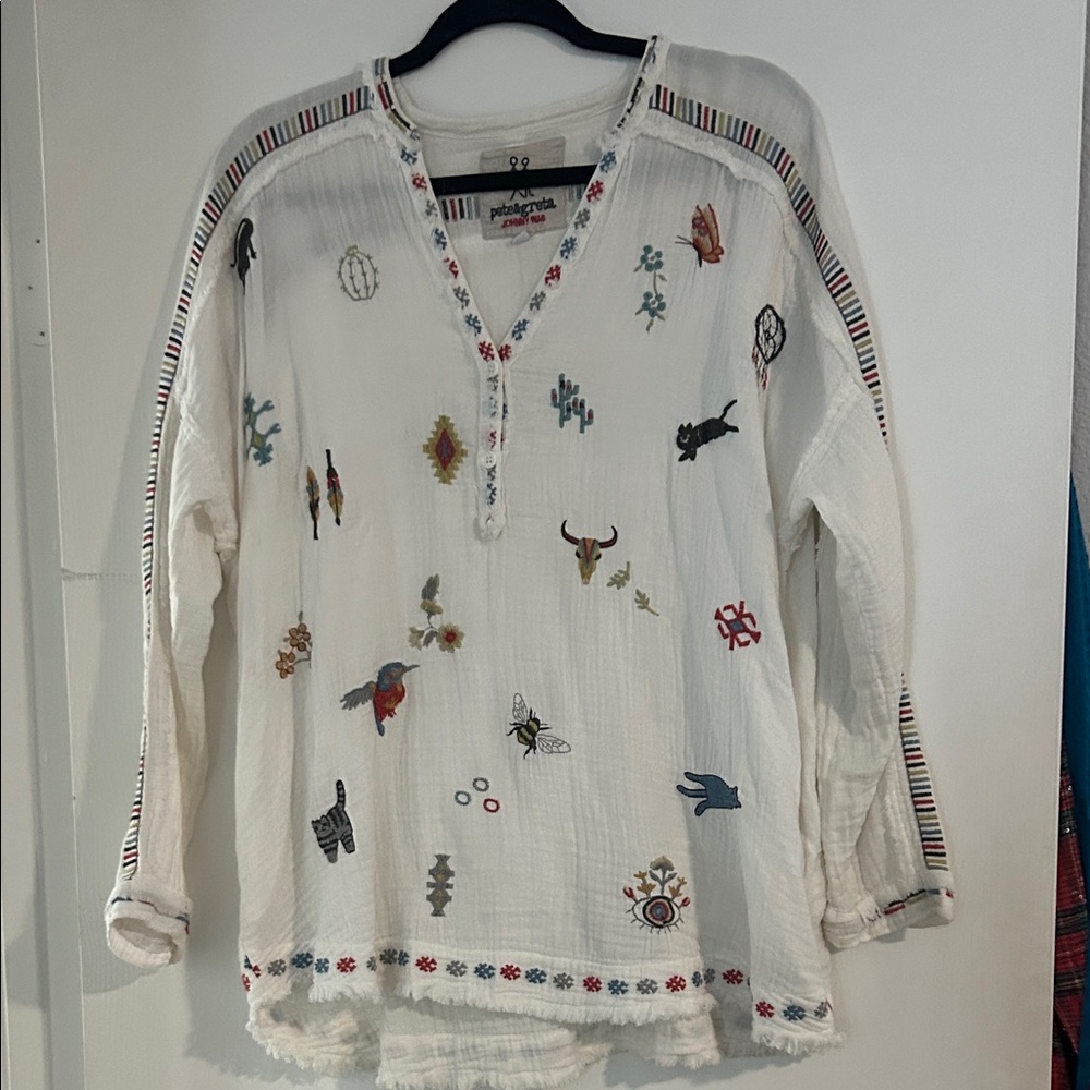 Embroidered Johnny Was White Women's Top